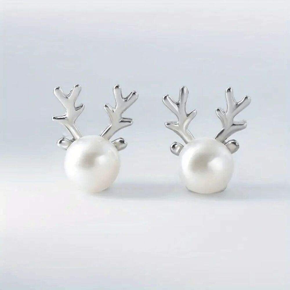 Reindeer Pearl Diamond White Gold Plated Stud Earrings